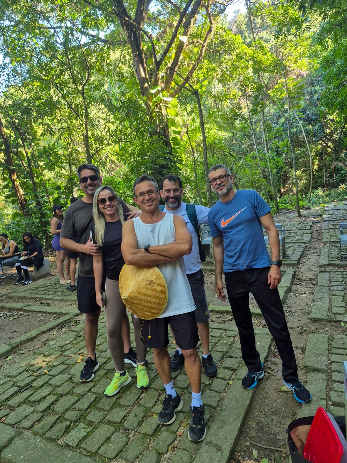 Grupo de trilheiros em um mirante cercado pela mata